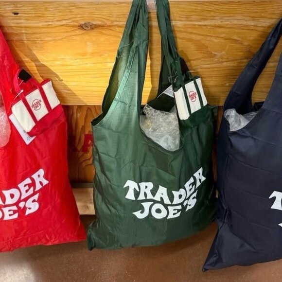 New Trader Joe's canvas micro tote with grocery bag set green navy red mini bag - Picture 4 of 7